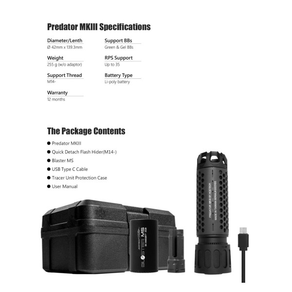 Traceur airsoft Acetech Unit Predator MKIII Noir avec Blaster MS