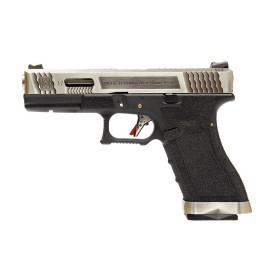 Pistolet airsoft gaz WE T7 slide silver canon silver frame noire 6 mm blowback