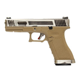 Pistolet airsoft gaz blowback WE T8 slide silver canon silver frame tan 6 mm