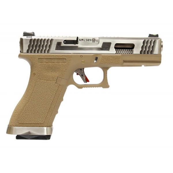 Pistolet airsoft gaz blowback WE T8 slide silver canon silver frame tan 6 mm