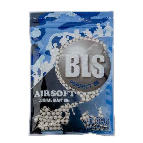 Billes airsoft BLS Ultimate Heavy 0,36g blanches – Sachet de 1000 billes – Blanc