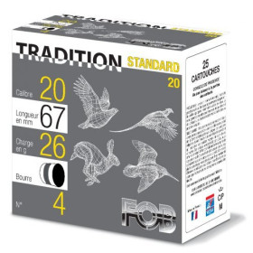 Cartouches de chasse FOB Tradition Standard 26 bourre grasse calibre 20/67 – Jaune