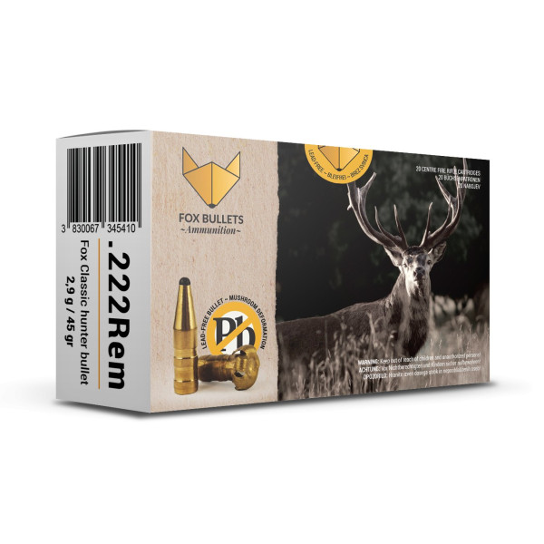 Cartouche sans plomb 222 Rem Fox Bullets Classic Hunter 45 gr boîte de 20